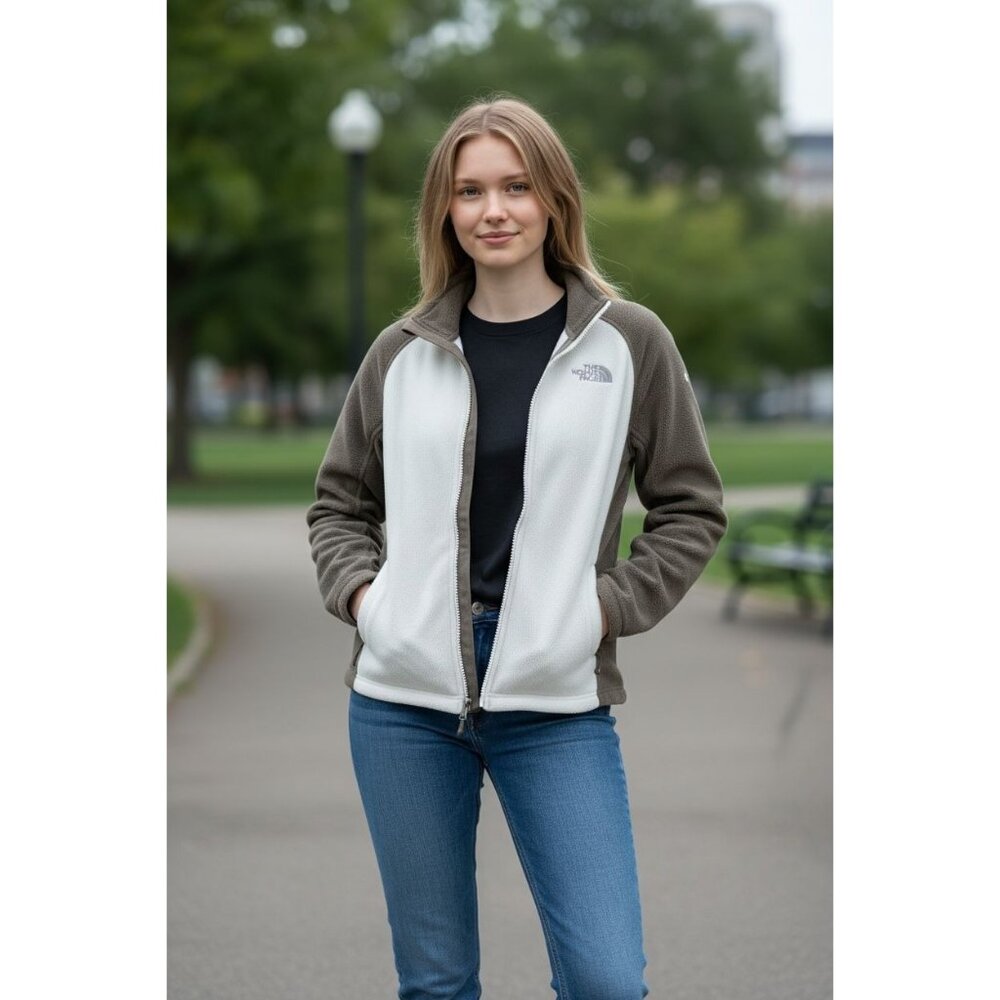 The North Face Womens Size XL Full-Zip Fleece Sweater Jacket Brown White Logo